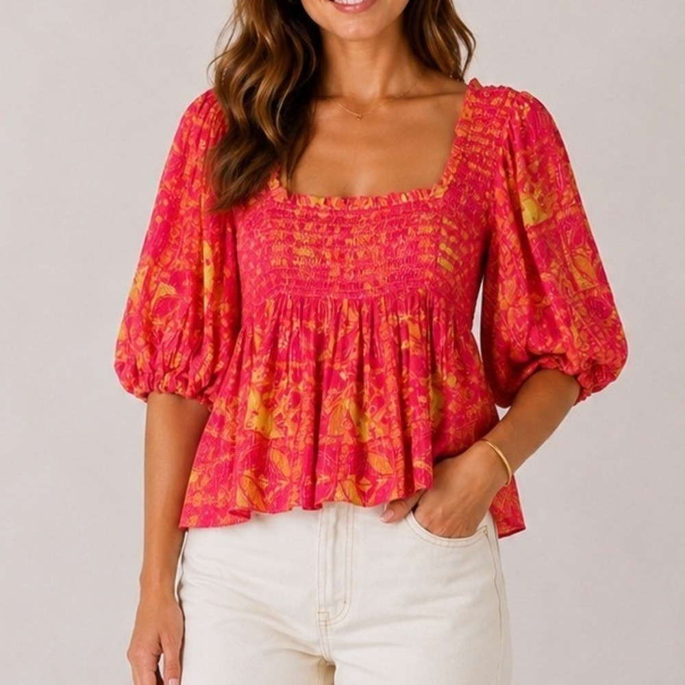 Hemant & Nandita Top Pink Orange Metallic Smocked Puff Sleeve Top XS